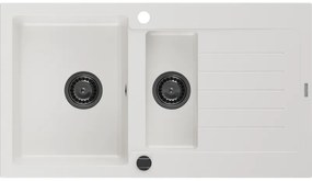 Mexen Matias - drez granitový 900x505x200 mm, 1,5-komorový, biela s čiernym sifónom, 6502901505-20-B