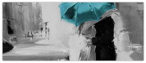 Obraz - Zamilovaný pár s dáždnikom, modrý (120x50 cm)