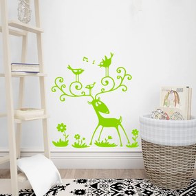 Veselá Stena Samolepka Jeleň a vtáčiky Farba: zelená, Veľkosť: 100 x 110 cm