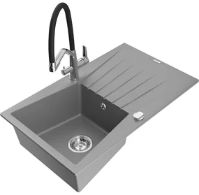 Mexen Cesar, 1-komorový granitový drez 775x470x190 mm a drezová batéria Duo, šedá, 6514-71-671701-07
