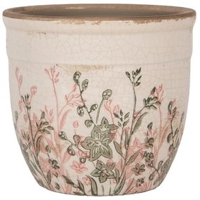 Béžový antik keramický obal na kvetináč s ružovo-zelenými kvetmi - Ø 13*11 cm
