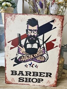 Béžová antik nástenná kovová ceduľa Barber Shop - 25*33 cm