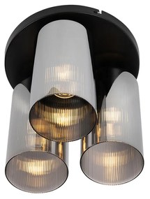 Stropné svietidlo v štýle Art Deco čierne s dymovým sklom 3-svetlo - Laura