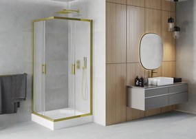 Mexen Rio, štvorcový sprchovací kút s posuvnými dverami 90(dvere) x 90(dvere) x 190 cm, 6mm sklo námraza, zlatý profil + biela sprchová vanička RIO, 860-090-090-50-30-4510