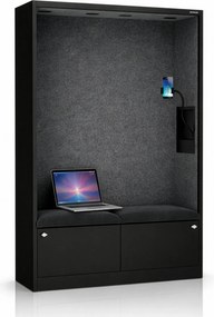Kancelárska akustická kabína so sedadlom a portom USB-C, telo v čierny / sedák tmavosivá v zelenej farbe, 1150 mm: SALLY MentalBox