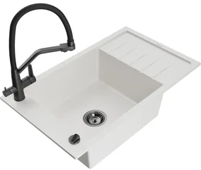 Mexen Elias, 1-komorový granitový drez 795x480x200 mm a drezová batéria Duo, biela, 6511-20-671701-70-B