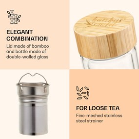 Klarstein Fľaša na čaj, s uzáverom a sitom, 500 ml, dvojité sklo, bambusový kryt