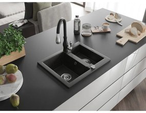 Mexen Carlos, 1,5-komorový granitový drez 582x475x177 mm a drezová batéria Savita, čierna-zlatá metalíza, 6518-75-672601-70