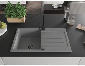 Mexen Bruno, drez granitový 795x495x200 mm, 1-komorový, šedá s čiernym sifónom a čierna drezová batéria Rita, 6513-71-670300-70-B