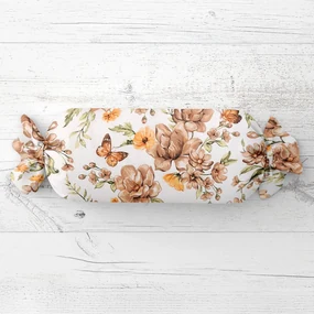 Biante Vankúš valec bonbon Sandra SA-458 Hnedé kvety magnólie s motýlikmi na bielom 15x80 cm