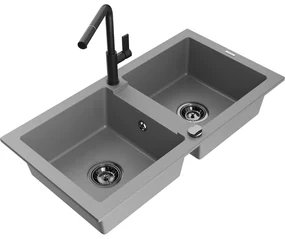 Mexen Mario, 2-komorový granitový drez 820x436x161 mm a drezová batéria Flora, šedá, 6504-71-670401-70-B