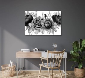 Obraz okúzľujúca kombinácia kvetov a listov v čiernobielom prevedení - 60x40