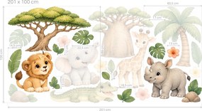 Safari mláďatká pri baobabe farebné akvarelové nálepky s baobabom a safari zvieratkami pre dievčatá aj chlapcov na stenu arch 46 x 23 cm
