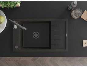 Mexen Elias, 1-komorový granitový drez 795x480x200 mm a drezová batéria Aster, čierna-zlatá metalíza, 6511-75-73450-07-B