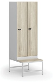 Šatníková skrinka s lavičkou, 2 oddiely, 1875 x 600 x 500/800 mm, mechanický kódový zámok, laminované dvere, dub prírodný