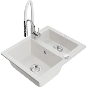 Mexen Carlos, 1,5-komorový granitový drez 582x475x177 mm a drezová batéria Aster, biela, 6518-20-73450-02