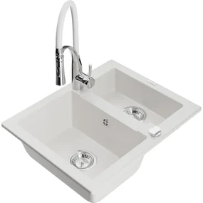 Mexen Carlos, 1,5-komorový granitový drez 582x475x177 mm a drezová batéria Aster, biela, 6518-20-73450-02