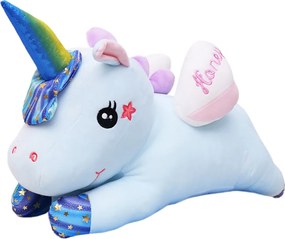 LEAN Toys Plyšový jednorožec s dekou 160 x 110 cm, modrý, 55 cm