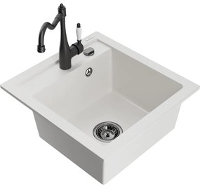 Mexen Vito, granitový drez 490x520x210 mm, 1-komorový a drezová batéria Carla, biela, 6503-20-670700-70