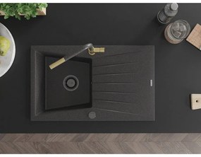 Mexen Cesar, 1-komorový granitový drez 775x470x190 mm a drezová batéria Flora, čierna škvrnitá, 6514-76-670401-75-B