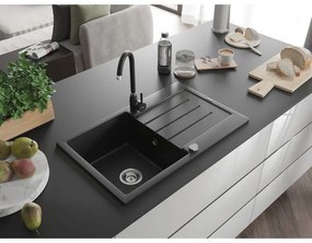 Mexen Bruno, 1-komorový granitový drez s odkvapkávačom 80x50 cm a kuchynskou batériou Telma, čierna-strieborná, 6513-73-670200-70