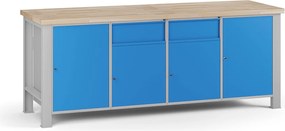 Dielenský pracovný stôl G7, buková škárovka, 2100 x 685 x 840 mm, 4x skrinka, 2 zásuvky, modrá