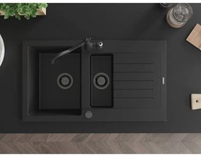 Mexen Matias, granitový drez 900x505x200 mm, 1,5-komorový a drezová batéria Carla, čierna, 6502-77-670700-70-B