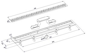 Aqualine Aqualine, MARMI podlahový žľab s roštom z nerezové oceli, L-810, DN50, 1702-80