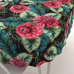 Biante Bavlnený oválny obrus Sandra SA-566 Veľké tropické kvety a listy na čiernom 60x100 cm