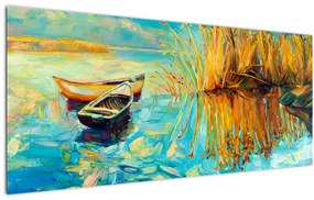 Obraz - Jazero s loďkami (120x50 cm)