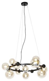 Art Deco závesná lampa čierna s jantárovým sklom 12 svetiel - David