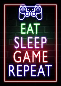 Ilustrácia Eat Sleep Game Repeat-Gaming Neon Quote, (30 x 40 cm)