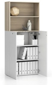 Kancelárska policová skriňa 2-dverová SEGMENT, uzamykateľná, 4 police, 840 x 370 x 1880 mm, biela / dub prírodný