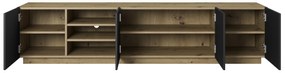 TV stolík Asha 200 cm s ryhovaným čelom - artisan / čierny mat