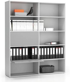 Široký kancelársky policový regál LAYERS, 2 boxy, 1582 x 400 x 1905, biela / sivá