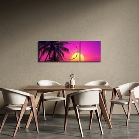Obraz - Fialový západ s palmou (s hodinami) (90x30 cm)