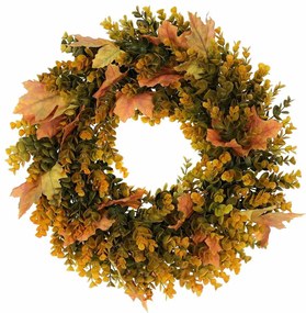 Jesenný veniec umelý Eucalyptus a javorové listy, pr. 40 cm, oranžovo-zelená