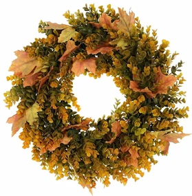 Jesenný veniec umelý Eucalyptus a javorové listy, pr. 40 cm, oranžovo-zelená
