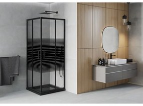 Mexen Rio, štvorcový sprchovací kút s posuvnými dverami 80(dvere) x 80(dvere) x 190 cm, 6mm číre sklo s pásikmi, čierny profil + čierna sprchová vanička SLIM, 860-080-080-70-20-4070B