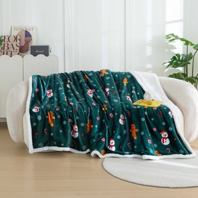 Vianočná tmavozelená baránková deka z mikroplyšu SNEHULÁK A PERNÍČEK Rozmer: 200 x 220 cm