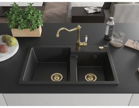 Mexen Tomas, granitový drez 800x500x190 mm, 2-komorový a drezová batéria Carla, čierna-strieborná metalíza, 6516-73-670700-50