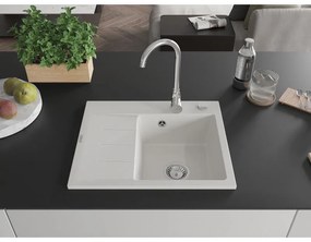 Mexen Ben, 1-komorový granitový drez 600x500x190 mm, pravý + chrómový sifón, biela, 6523605000-20