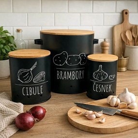 Orion Sada 3 dóz na cibuľu, cesnak a zemiaky, plechové s bambusovým vrchnákom BLACK CZ