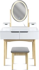 Toaletný stolík GLAM s LED zrkadlom biely / naturálny, sivá taburetka