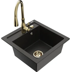 Mexen Vito, 1-komorový granitový drez 520x490x210 mm a drezová batéria Savita, čierna-zlatá metalíza, 6503-75-672601-50