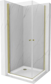 Mexen Pretoria Duo, sprchovací kút s 2-krídlovými dverami 90 (dvere) x 90 (dvere) cm, 6mm číre sklo, zlatý profil + slim sprchová vanička 5cm biela so zlatým sifónom, 852-090-090-50-02-4010G
