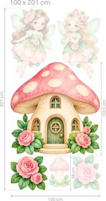 Víly pri hubovom domčeku ružovozelené akvarelové nálepky na stenu pre dievčatká arch 23 x 46 cm