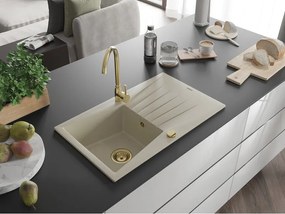 Mexen Cesar, granitový drez 775x470x190 mm, 1-komorový, béžová so zlatým sifónom, 6514771010-69-G