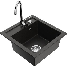 Mexen Vito, 1-komorový granitový drez 520x490x210 mm, chrómová batéria Telma, čierna-zlatá metalíza, 6503-75-670200-00