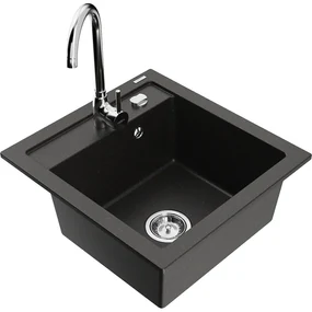 Mexen Vito, 1-komorový granitový drez 520x490x210 mm, chrómová batéria Telma, čierna-zlatá metalíza, 6503-75-670200-00